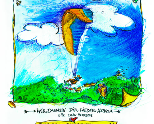 Illustration von Petty Heisler, Atelier Bewow. Zeigt einen Gleitschirmpiloten in seinem Lieblingsfluggebiet. Zeichnung: Mix Media Stil