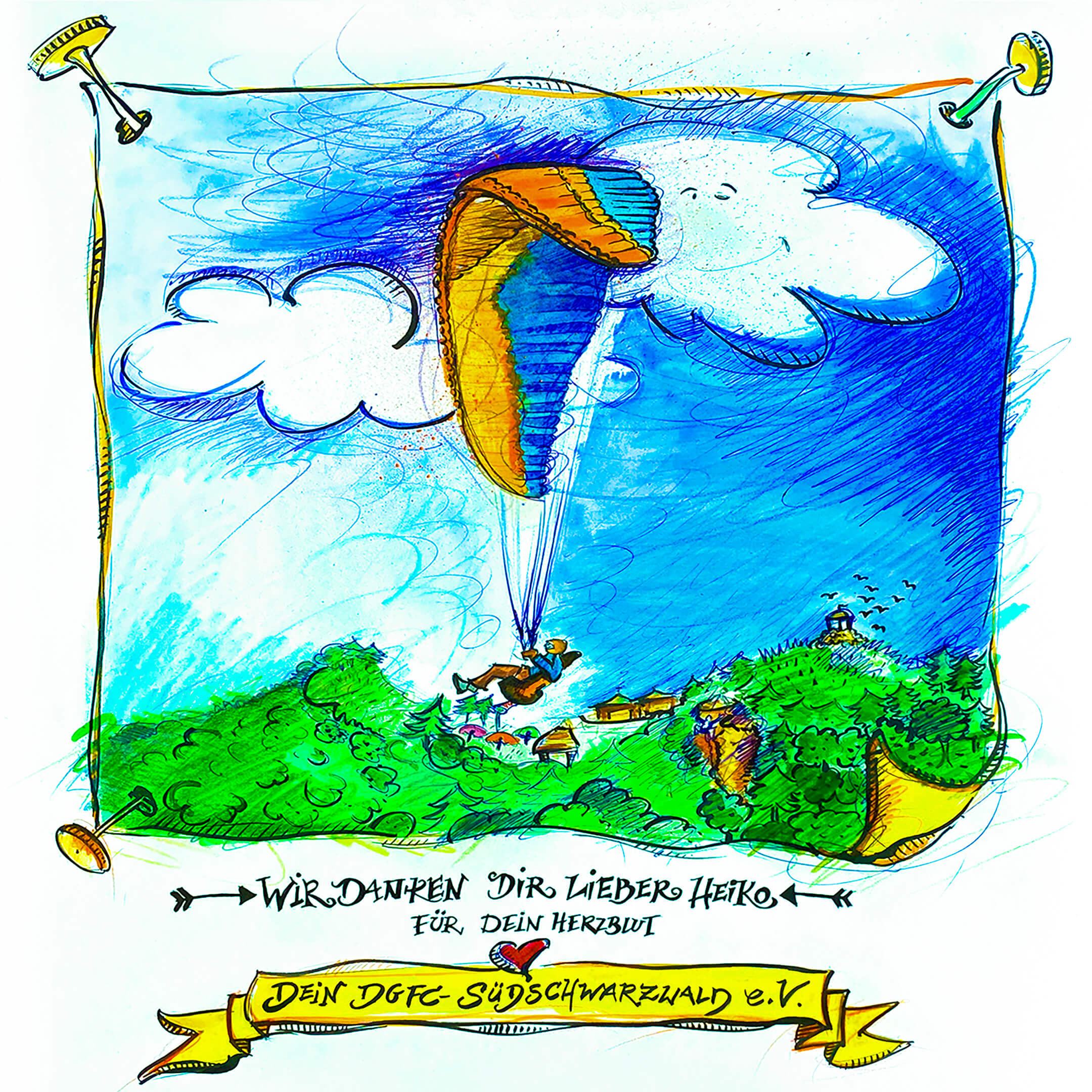 Illustration von Petty Heisler, Atelier Bewow. Zeigt einen Gleitschirmpiloten in seinem Lieblingsfluggebiet. Zeichnung: Mix Media Stil
