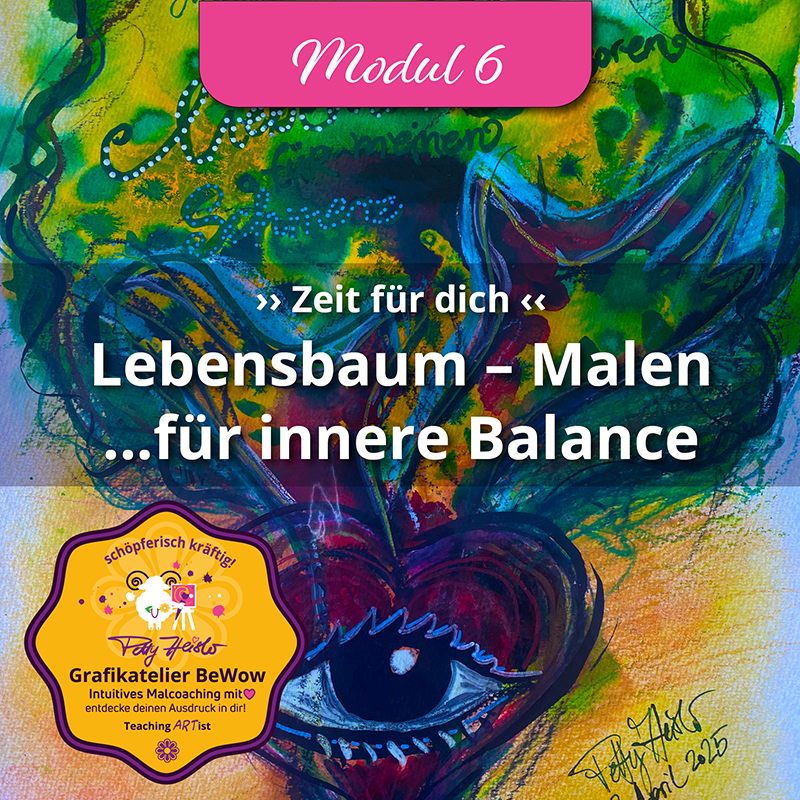 Keyvisual-6-Lebensbaum_2 Farbenreiches, abstraktes Bild eines Lebensbaums mit Herz und Auge im Stamm in Grün-, Blau- und Gelbtönen, überlagert mit dem Titel „Lebensbaum – Malen für innere Balance“.