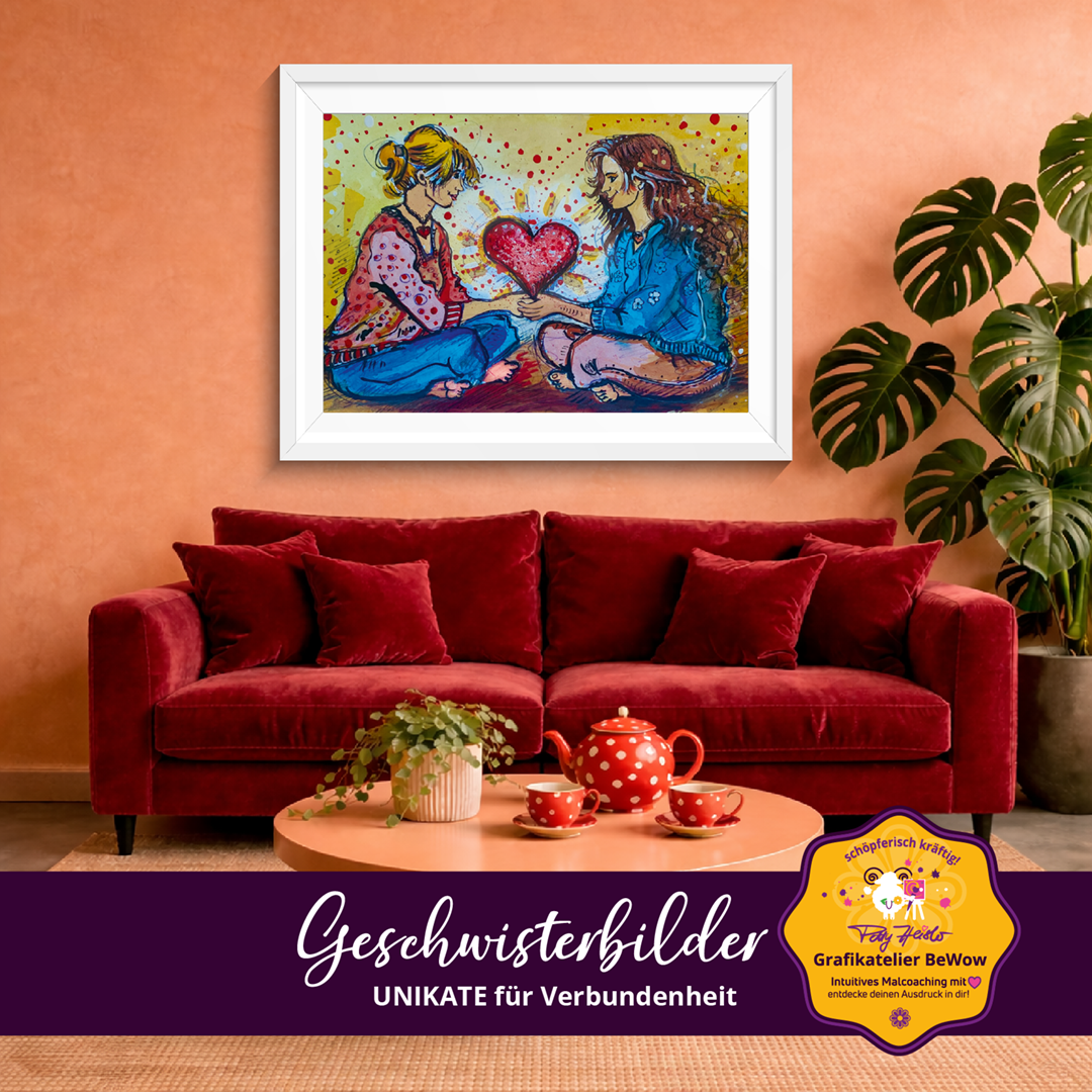 Es zeigt eine Szene mit einem roten Sofa. Dahinter ein Geschwisterbild-Unikat. Erstellt von Petty Heisler ARTist & Designerin