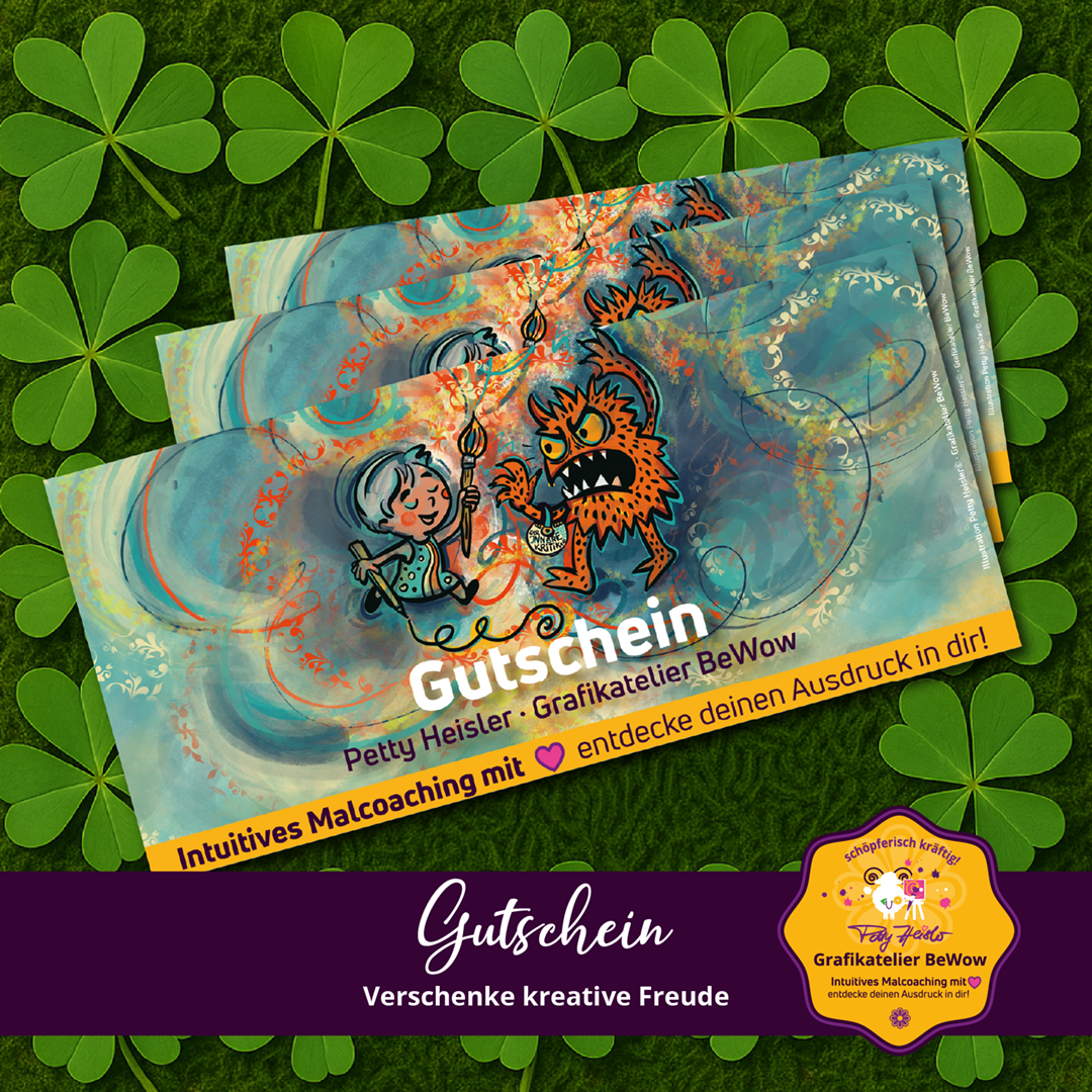 Hier sieht man ein Stapel mit Gutcheinen von den kreativen Workshops von Petty Heisler - Grafikatelier Bewow zum intuitiven Zeichnen und malen. Für Selbstausdruck - frei von perfektion