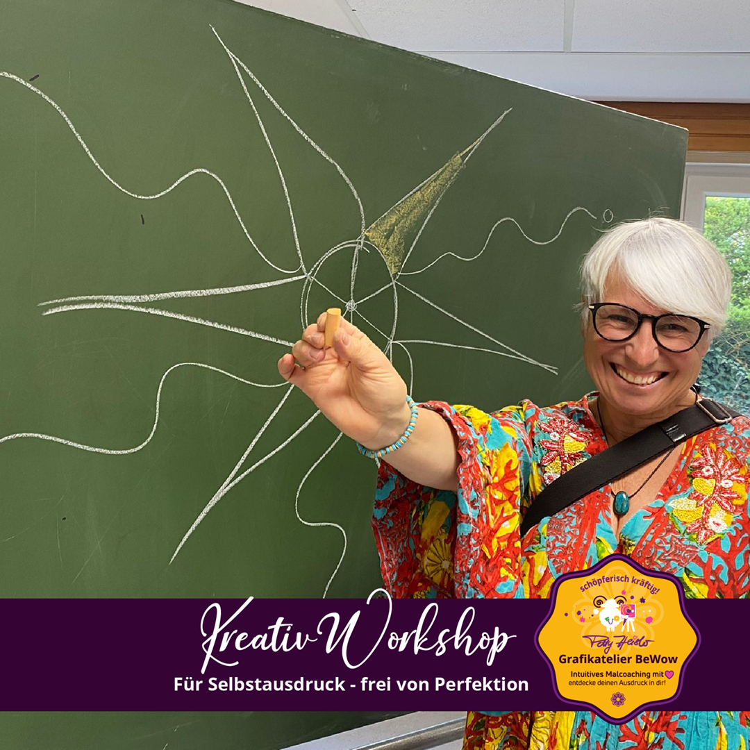Zeigt Petty Heisler - ARTist & Designerin an der Tafel. sie erstellt ein freies Mandala. Zeigt Wege der Vorgehensweise