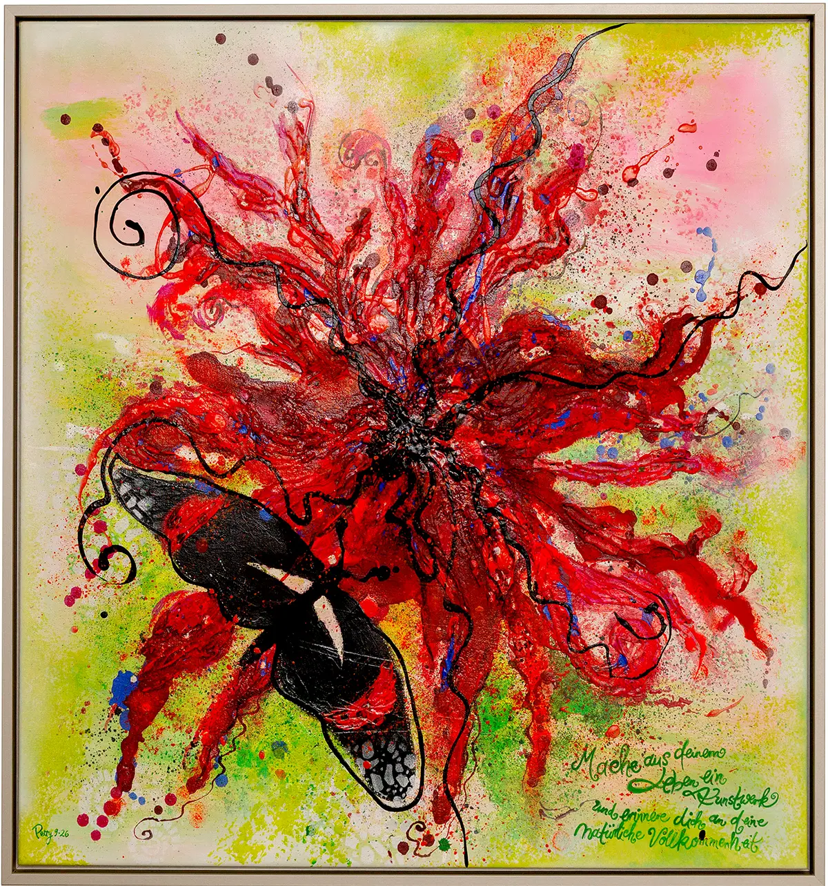 Das Unikat zeigt ein Acrylbild von Petty Heisler. Es ist ein Schmetterling bekannt unter dem Namen der kleine Kurier, der auf einer wunderschönen exotischen Blüte sitzt.