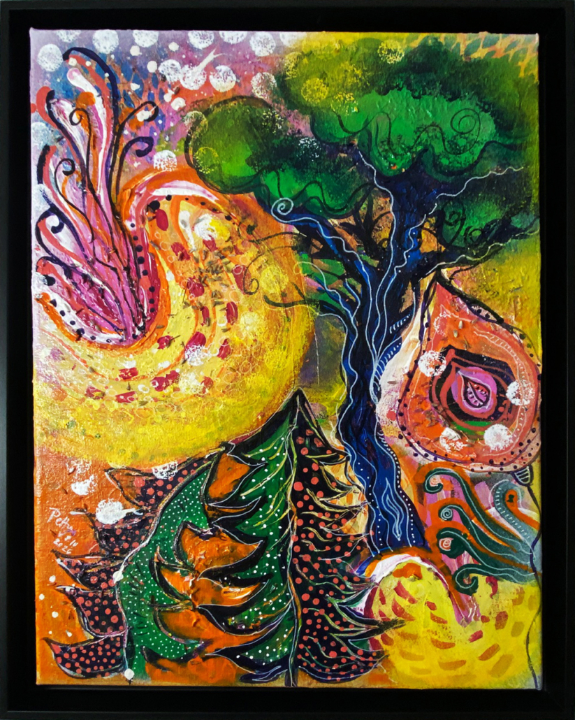 Farbenfrohes Acrylgemälde im Hochformat: Ein fantasievoller Dschungel mit japanisch anmutendem Baum, dunkelblauem Stamm und rundlicher grüner Krone. Große geschwungene Blätter und üppige Beerenformen entfalten sich vor leuchtendem Gelb, Orange und Rosa. Feine Linien, Punkte und sichtbare Farbschichten strukturieren die Pflanzenwelt.